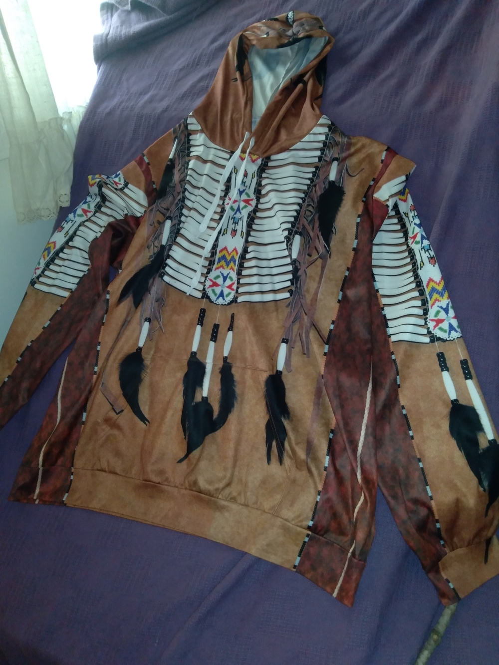 Native-Inspired Hoodie with Feather & Bead Print - Brown